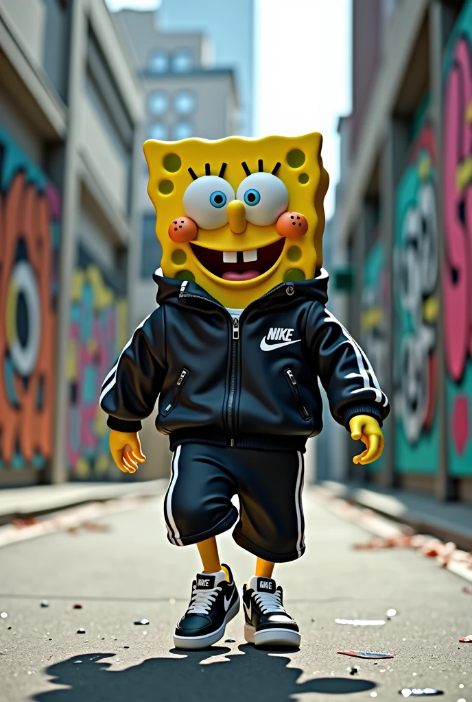 Imagine Spongebob dressed in a Nike Tech outfit: A black track jacket and pants with white detailing and the Nike logo on the chest and thigh. It is on a modern urban street, with buildings and graffiti in the background. Spongebob is wearing Nike sneakers and has a relaxed and confident style as he walks down the sidewalk.