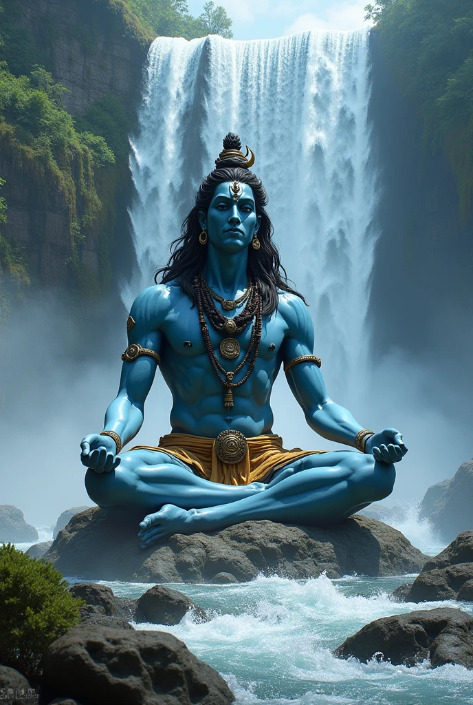 huge Lord shiva sitting under waterfall