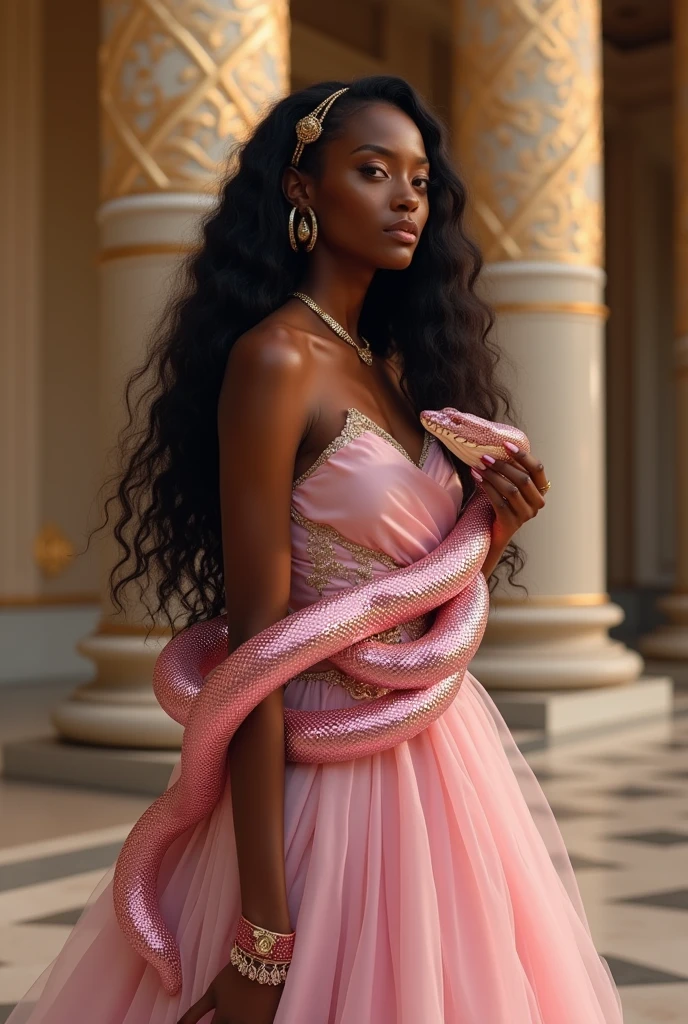 A realistic image of an African woman representing African royalty. She has long, wavy hair flowing down her back, exuding a sense of elegance and grace. She is wearing a light pink royal gown adorned with intricate designs, highlighting her regal status. In one hand, she holds a calabash, a symbol of cultural heritage and tradition. A shimmering pink snake is wrapped around her body, its glittering scales catching the light, with the snake’s head resting on her shoulder, adding an element of power and mystique. The background is a grand palace, filled with majestic architectural details that emphasize her royal aura. The composition captures a perfect blend of nobility, strength, and cultural richness, creating a captivating and majestic scene.