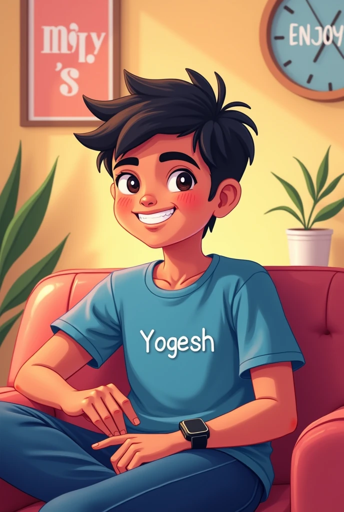 1 boy siting in the house she is name is "yogesh" written in the t shirt 2d cartoon his age is 15 years and his hand smart watch and wear blue and pink t shirt, background text enjoy everyday