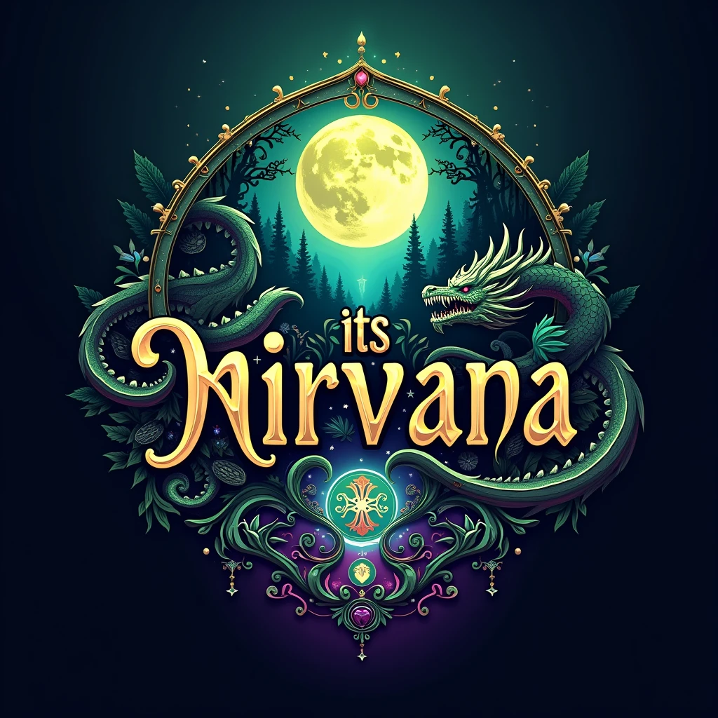 Fantasy-Inspired Logo: A mystical, fantasy-inspired logo for "its_nirvana__" that evokes the magical realms of fantasy art. Use deep, jewel-toned colors like emerald green, sapphire blue, and amethyst purple. The name should be in an ornate, medieval font, surrounded by elements like dragons, enchanted forests, or glowing runes, creating an aura of magic and mystery.

