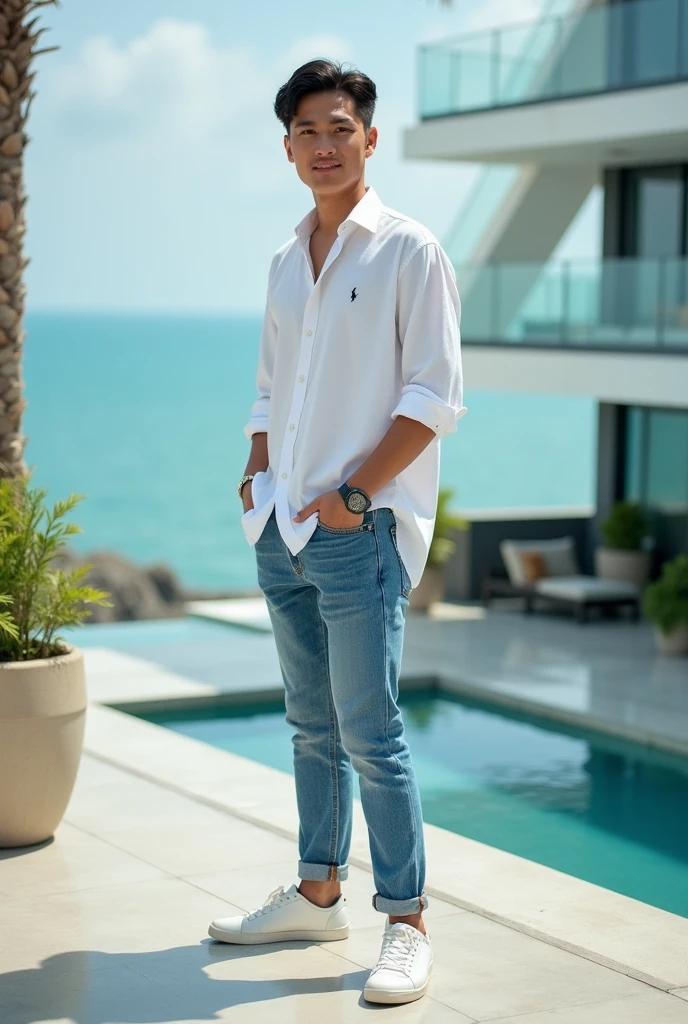 side view .
indonesian young man. male model, modern building, white sneakers, casual outfit, jeans, white ralph lauren shirt, posing for picture, photoshoot, natural, white skinned men, looking rich, big hotel terrace, view on sea.
Ultra-realistic 8K photograph, shot with a Leica Q2, strong color contrast and sharp clarity