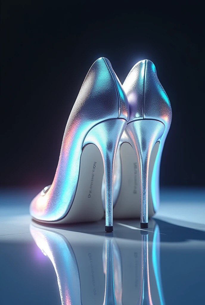 Creates a hyper-realistic close-up image of elegant, silver, luxury high-heeled stiletto shoes that shine with a luxurious iridescent holographic effect. The shoe should reflect a spectrum of pastel colors, including light blues, pinks, purples and silvers, capturing and refracting light in a way that makes the heels appear otherworldly. The lighting should be soft and diffuse, creating super striking and almost blinding reflections in the silhouette of the heels and a dark atmosphere in the background, highlighting the dazzling shine, the meticulous and luxurious details. The overall atmosphere should be luxurious and futuristic, with a lot of luxury.