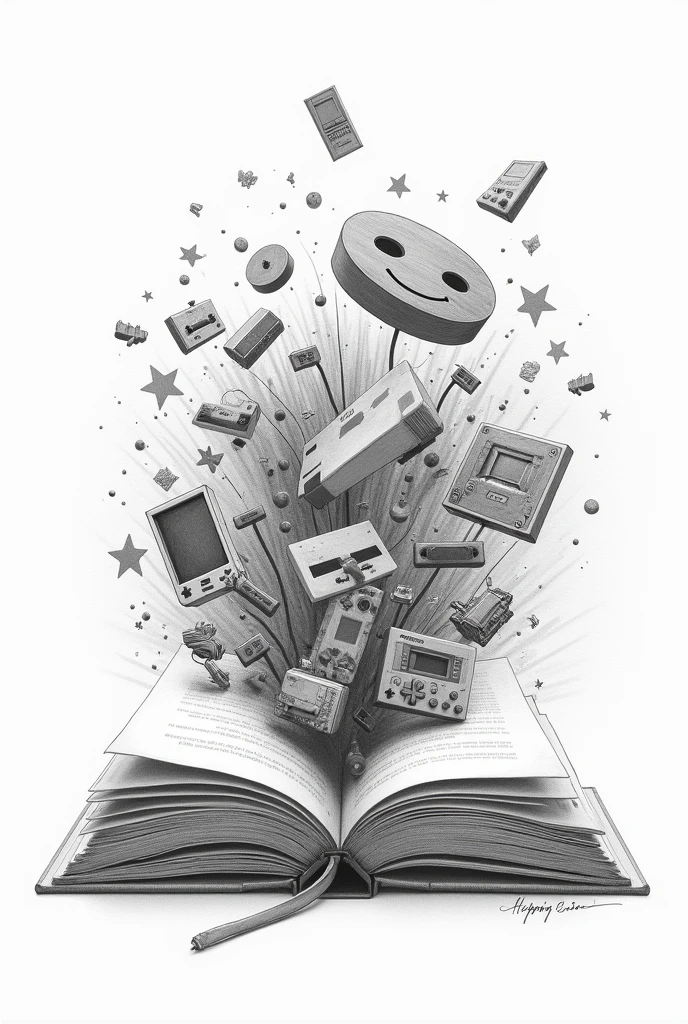 Pencil style drawing of an open book from which emerge references from the 1990s to 2000s.