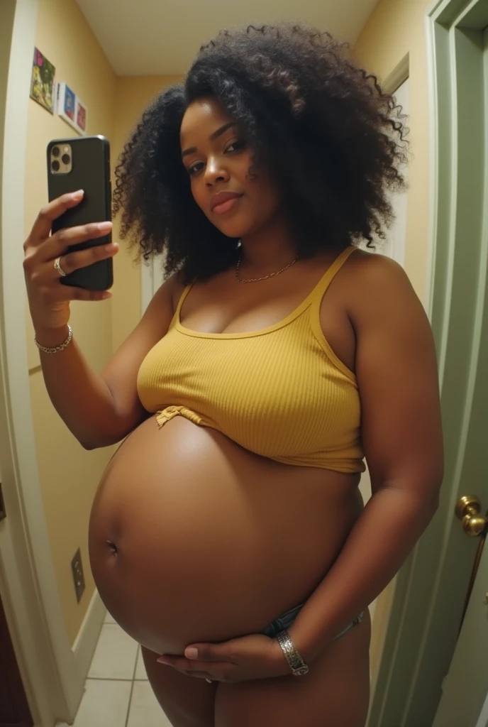 Pov view fisheye camera when pregnant mother Cardi B is fat taking a selfie holding an iPhone in front of the bathroom mirror with a big belly. HD, cinematic, 8k, extra detail, high shapering, masterpiece, fujifilm