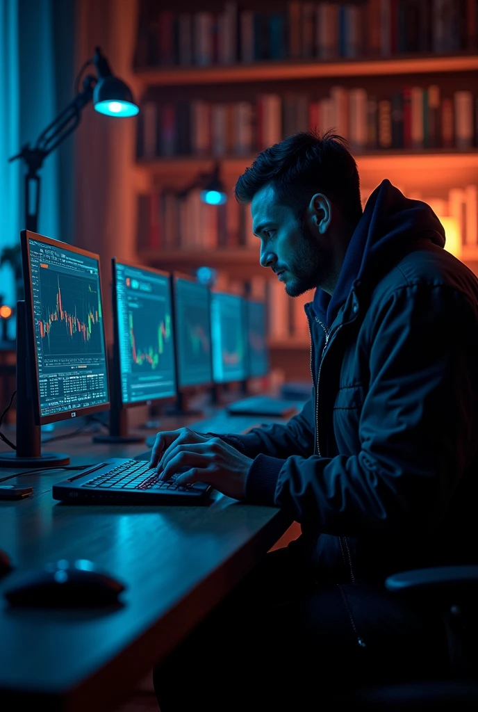 Make me a hd wallpaper in which there is a dark room with a forex trading setup and laptops and screener lighting keyboard. And there should be separate lighting in the room. And there should be a book library along with it. And which fits on the home screen of Redmi Note 9 phone.