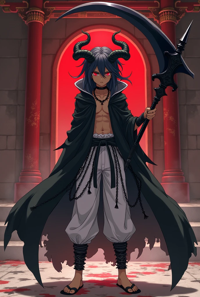 anime boy (dark fantasy) with black dreads, red eyes, brown skin, black horns and a black cloak and white martial arts pants with black chains around him as he holds a black scythe(full body) behind a red and gold shrine