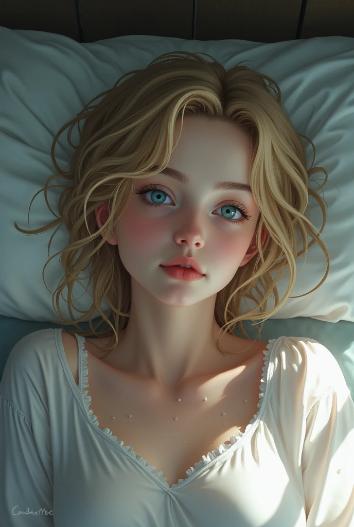 Beautiful blonde girl with blue eyes, dressed in wet white pajamas, lying in bed.