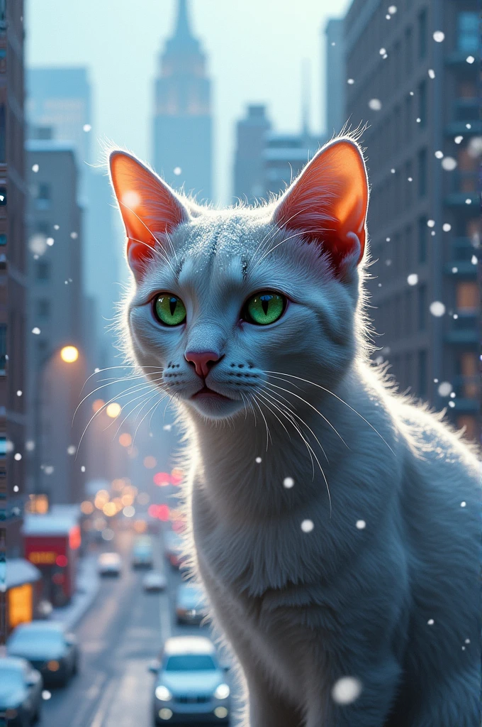 A cat in winterland newyorn city green eyes
