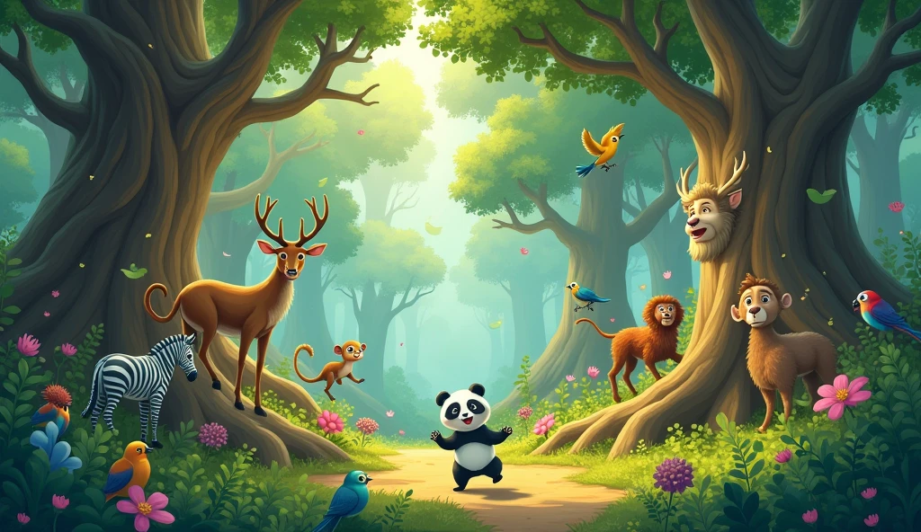 In a forest where trees are talk and huge lives a little Panda and enjoying  with lots of his friends like monkey sparrow peacock zabra deer parrots are flying with her and all friends enjoying in breeze 

