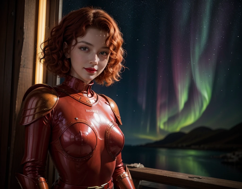 High-quality realistic acrylic painting, VIVID COLORS, back point a view, a beautiful vintage woman with short red curly hair, looking at the viewer with suspicious face and a shy smile, red lips, she wears space red rubber Lackluster armor, hands in the waist, dramatic yellow lights, background of nigh of aurora borealis in open sea