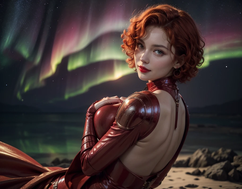 High-quality realistic acrylic painting, VIVID COLORS, back point a view, a beautiful vintage woman with short red curly hair, looking at the viewer with suspicious face and a shy smile, red lips, she wears space red rubber Lackluster armor, hands in the waist, dramatic yellow lights, background of nigh of aurora borealis in open sea