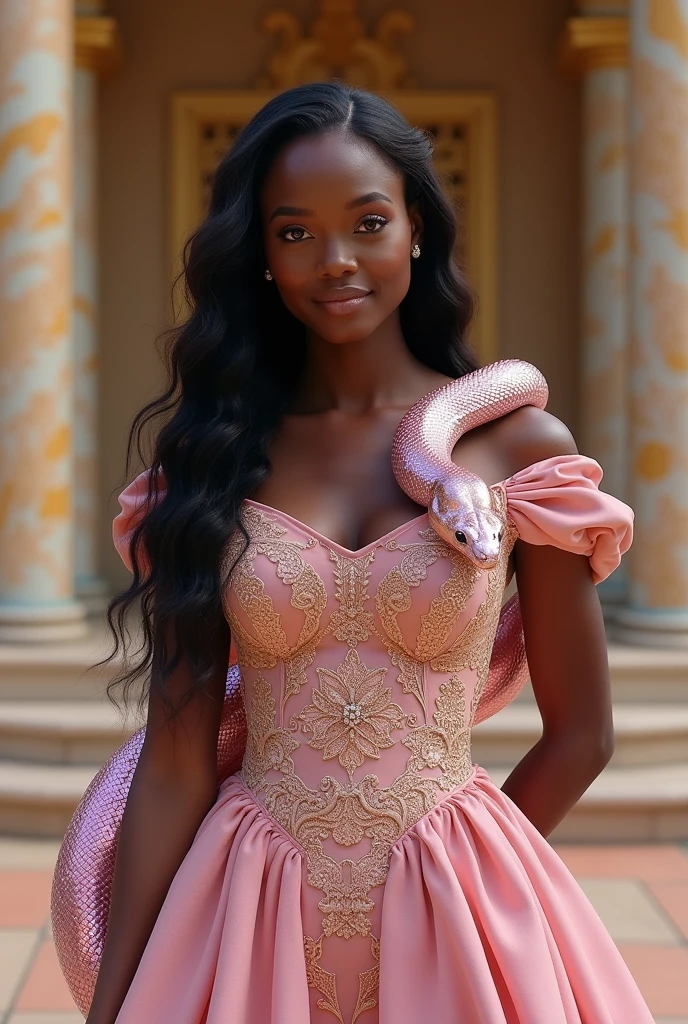 A realistic image of an African woman embodying African royalty. She has long, wavy hair cascading down her back, radiating elegance and grace. She is dressed in a light pink royal gown, richly decorated with intricate patterns that signify her noble status. A shimmering pink snake is gracefully wrapped around her body, with its iridescent scales catching the light. The snake's head rests gently on her shoulder, adding a mystical and powerful element to her regal appearance. The background features a luxurious palace, with grand columns and ornate detailing, emphasizing her royal surroundings. The scene conveys a sense of majesty, strength, and cultural depth, creating a captivating and realistic portrayal of African royalty