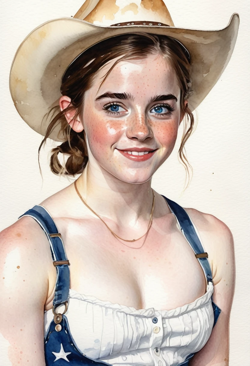 a watercolor painting of a ((pale skin)), defined muscles, six-pack abs, freckled, brunette ager resembling Emma Watson, with blue eyes, blushing cheeks, pigtails, cowboy hat, naked, smiling, in the style of Norman Rockwell