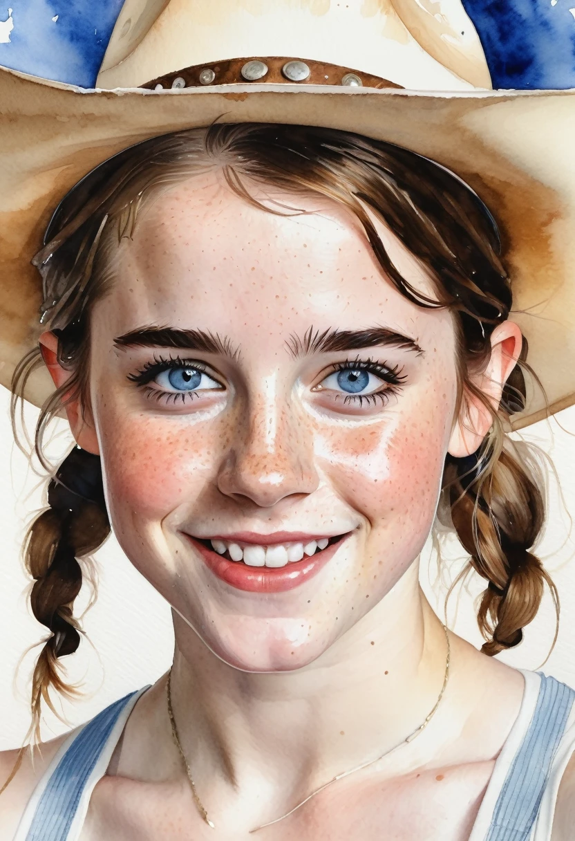 a watercolor painting of a ((pale skin)), defined muscles, six-pack abs, freckled, brunette ager resembling Emma Watson, with blue eyes, blushing cheeks, pigtails, cowboy hat, naked, smiling, in the style of Norman Rockwell