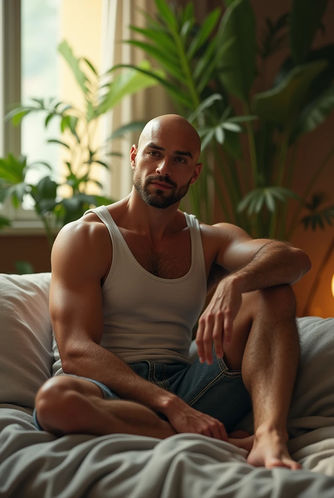 (photorealism:1.2), man, sitting on bed, wearing tank top,denim shorts,bald, indoors, soft lighting, plants in background, window with sunlight, cozy room, relaxed pose, realistic, intricate details, warm colors, by Greg Rutkowski, by Alphonse Mucha