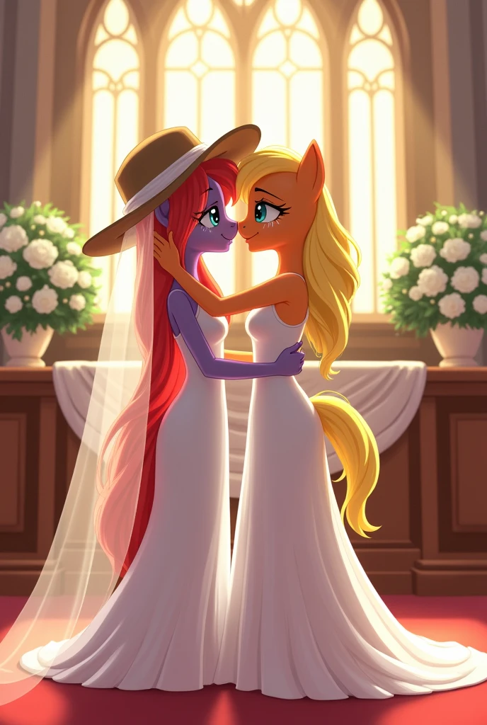 Applejack and Rarity from the movie "Mlp equestria girls", rarity in wedding dress, happy, crying. Applejack in wedding dress and farmer hat kissing Rarity, in a church.