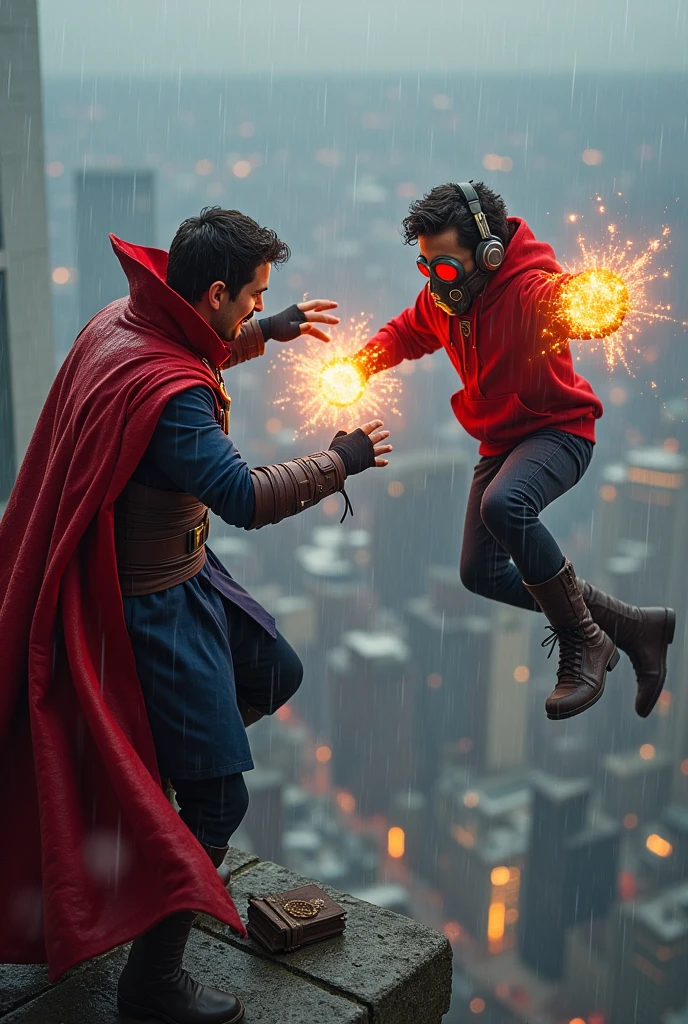 Young Star-lord with red hoodie, headphones, star-lord helmet, gas helmet, covered mouth, round red eyes, Red eyes, magic rings in the hands and rocket boots, Vs. Doctor strange , Fighting, power, fiction, full body, 2 person, magic lasso, hight, fall, fire in boots, poweful spells, fighting, realistic, helmet, mask, red cape, confrontation, punch, gun, flying in the sky, view of the city from above, rain, fighting over the spell book, Black gloves, ocean floor, face cover