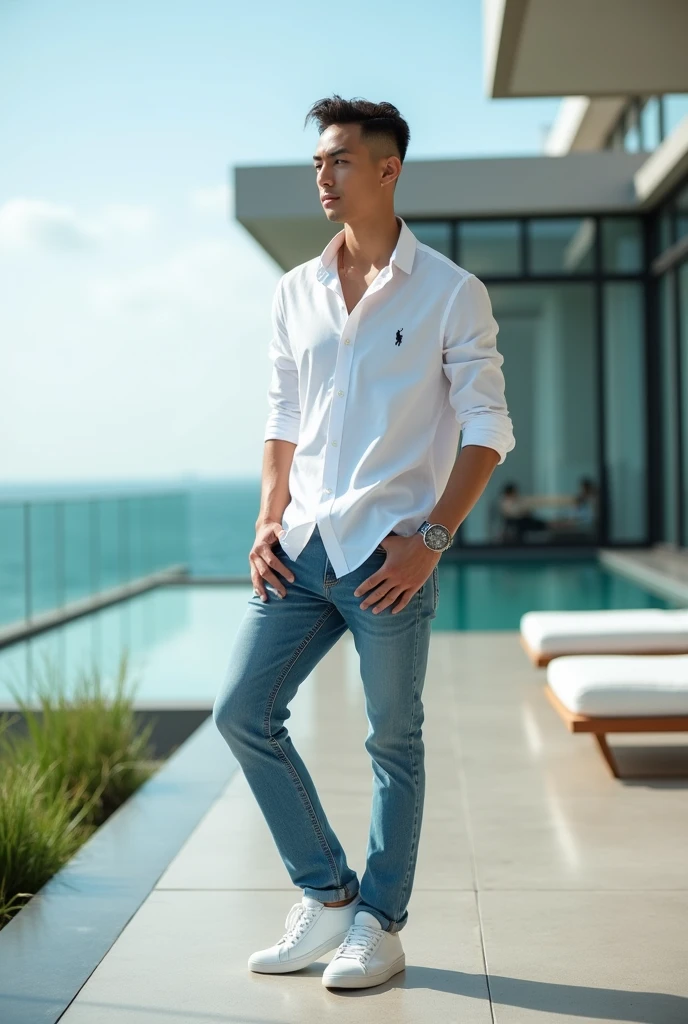 side view .
indonesian young man. male model, modern building, white sneakers, casual outfit, jeans, white ralph lauren shirt, posing for picture, photoshoot, natural, white skinned men, looking rich, big hotel terrace, view on sea.
Ultra-realistic 8K photograph, shot with a Leica Q2, strong color contrast and sharp clarity