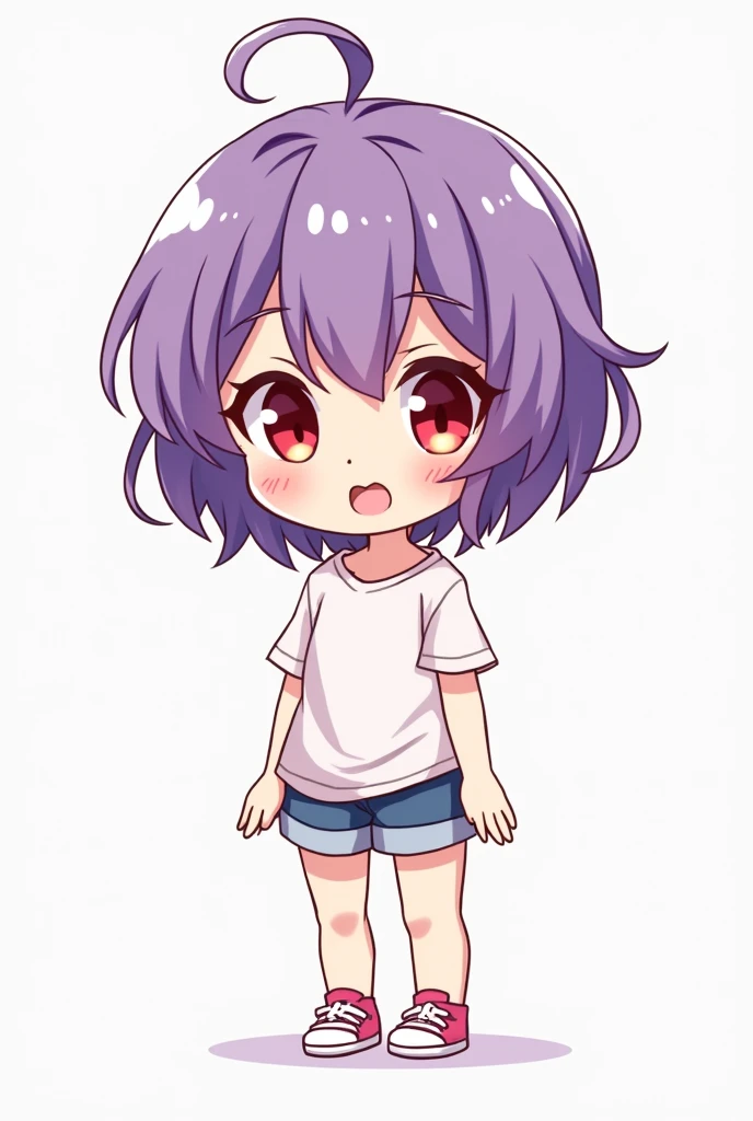 Mangwa panel anime chibi  girl short purple hair with red eyes ropa normal
