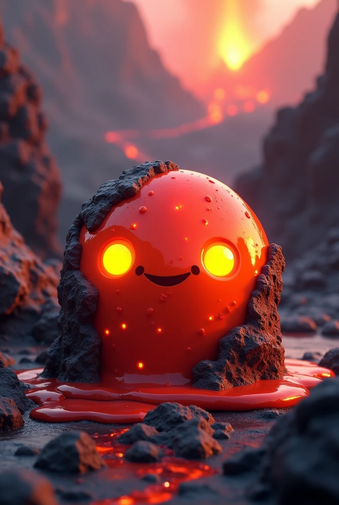 A cute round red and orange slime ball made out of lava covered by dark reddish brown volcanic rocks, bright yellow eyes, inside volcano background