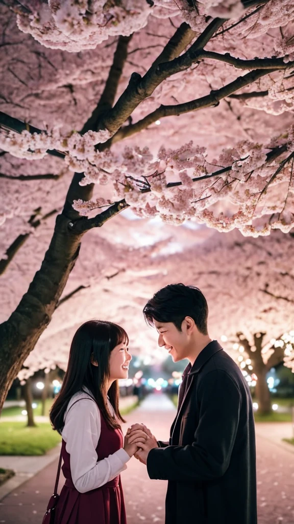 A couple is holding hands in a park where the cherry blossoms are in full bloom, watching the cherry blossoms, listening to the murmuring of the river and the chirping of the birds, and taking pictures with their camera. A date along the illuminated cherry blossom trees at night. A TikTok video that goes viral.
