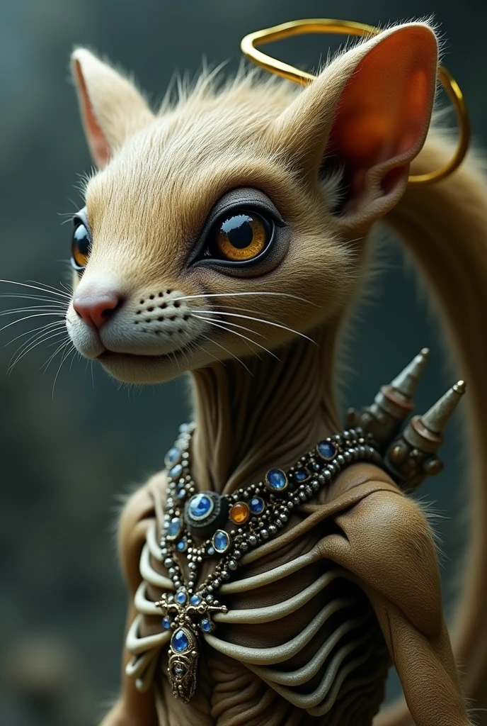 chipmunk hybrid fusion xenomorph . complex decorations, expressive eyes, Interesting hairstyle.a high resolution,, Very long hair, full length. Jewelry, halo, Best quality, Realistic anatomy. Hans Giger style