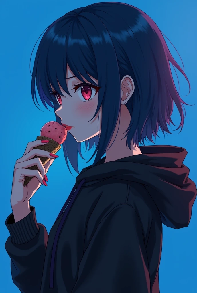 Anime girl , dark blue hair , modern day mullet hair style , untie hair , short hair , black hoodie , red eyes , almond eye , eating ice cream , blank blue background , side view