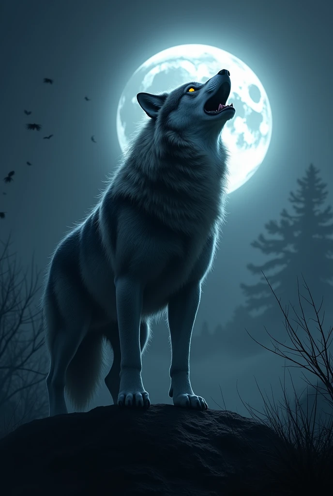 A majestic wolf, with fur glistening under the full moon, stands atop a hill, releasing a powerful roar that echoes through the night. Dark, ominous, moonlit, fierce, primal.