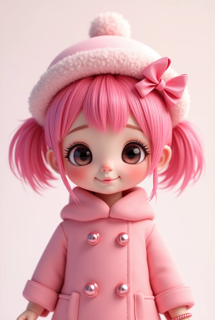 cute kid with pink short hair twins tail and black eyes color. She wearing all pink and White hat with cute pink ribbon.
