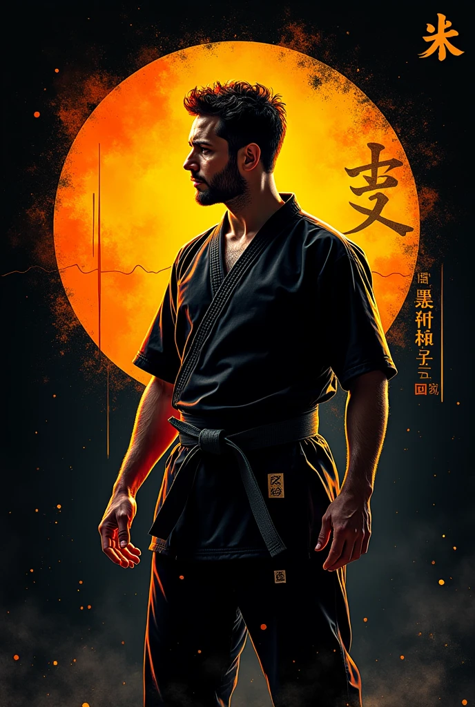 Title: Karate Classes para Crianças, Youth and AdultsDescription: With Prof.. Fernandes Costa, Black Belt 1st Dan in Shotokan KarateCores: blackw, Yellow and Orange Design Instructions:Background: Use a predominant black color, transmitting strength and discipline.Title "Karate Classes": Highlight the title in vibrant yellow, which symbolizes energy and vitality.Teacher Information: Position the text "Prof. Fernandes Costa, Black Belt 1st Dan in Shotokan Karate" just below the title, using the color orange to create visual balance.Graphic elements: Use símbolos abstratos relacionados ao Karate, like kanji "Karate" or simple icons of belts and katanas, in black and orange colors.Layout: Keep a clean and organized layout, with a clear hierarchy of information, ensuring the card is easy to read and attractive.