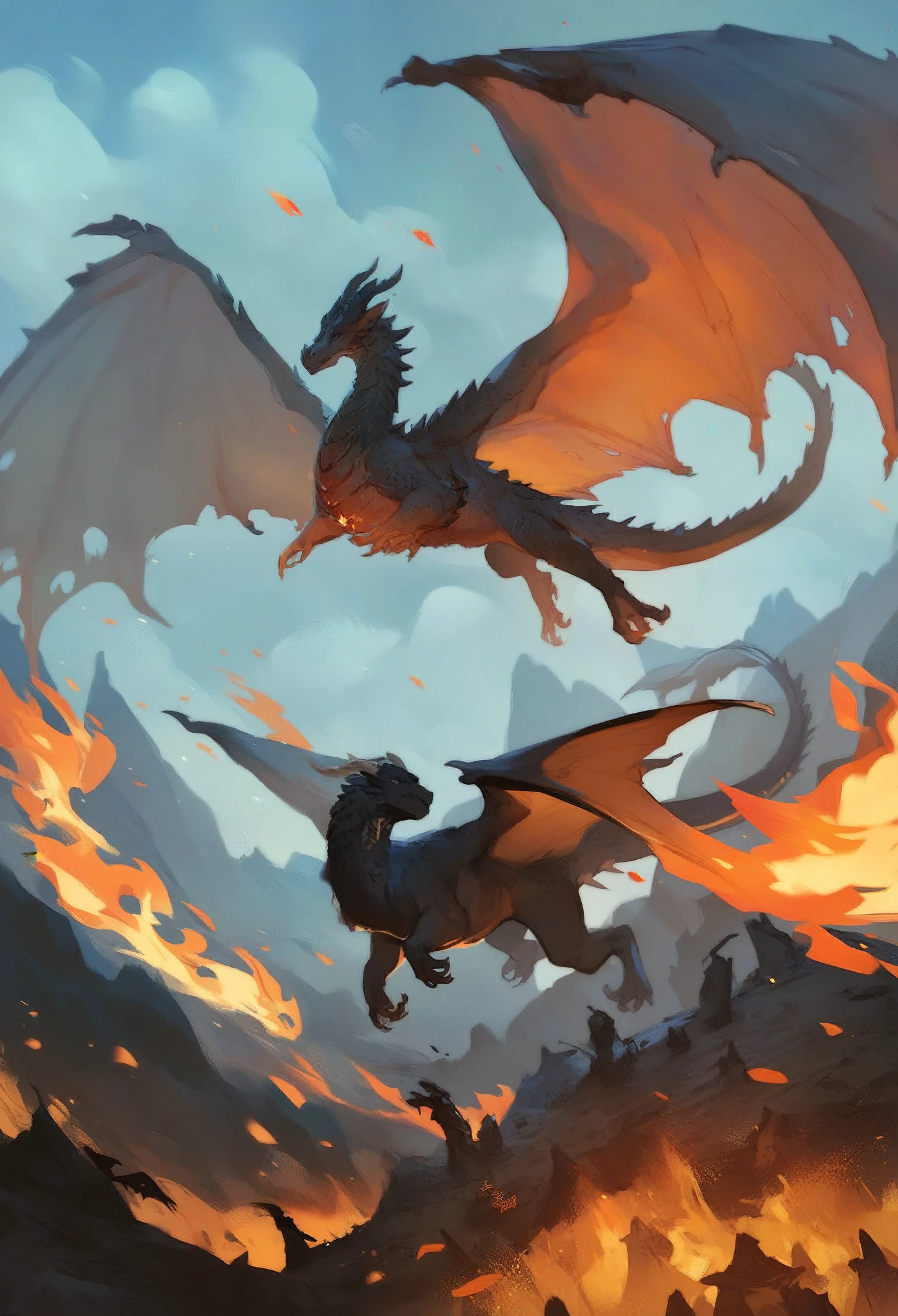 score_9, score_8_up, score_7_up, score_6_up, score_5_up, score_4_up,two knights on a hill with a dragon behind them. Open wings, flames, dark atmosphere, dark medieval style, dark fantasy style