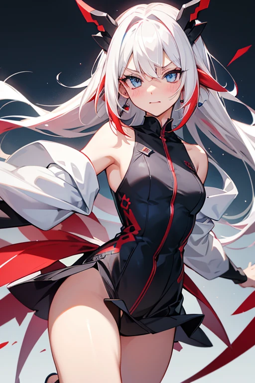 White haired girl with red streaks blue eyes with fang Streaked hair, earrings, blush, Blue eyesLines of movement,