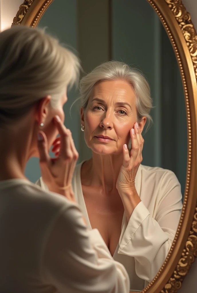 Schema dune femme de 50 ans avec une creme qui se regarde dans le mirroir