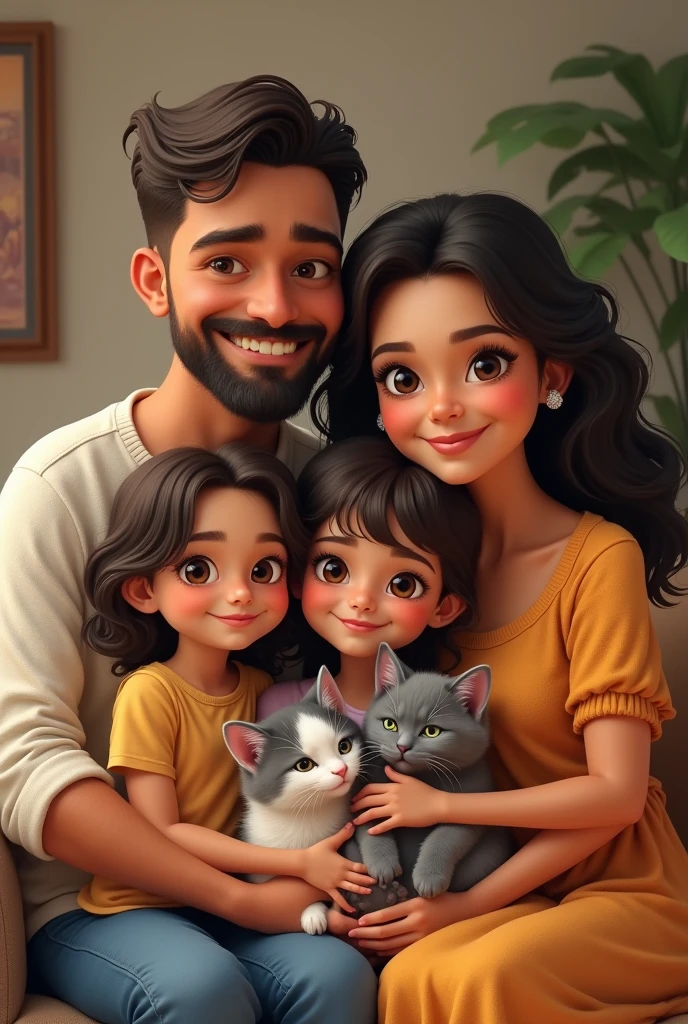 Create an image of a family of 4 people, 2 fathers and 2 girls, The father is tall and chubby and the mother has cinnamon skin and medium height.;  One girl looks like her dad and the other likes her mom. The mom&#39;s hair is wavy with a Latina look and one girl is chubby and they have a gray and white Roman kitten.