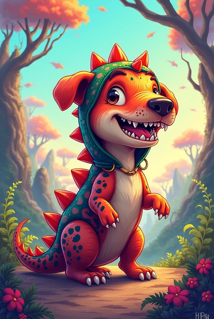 Animated drawing of a dog dressed as a dinosaur