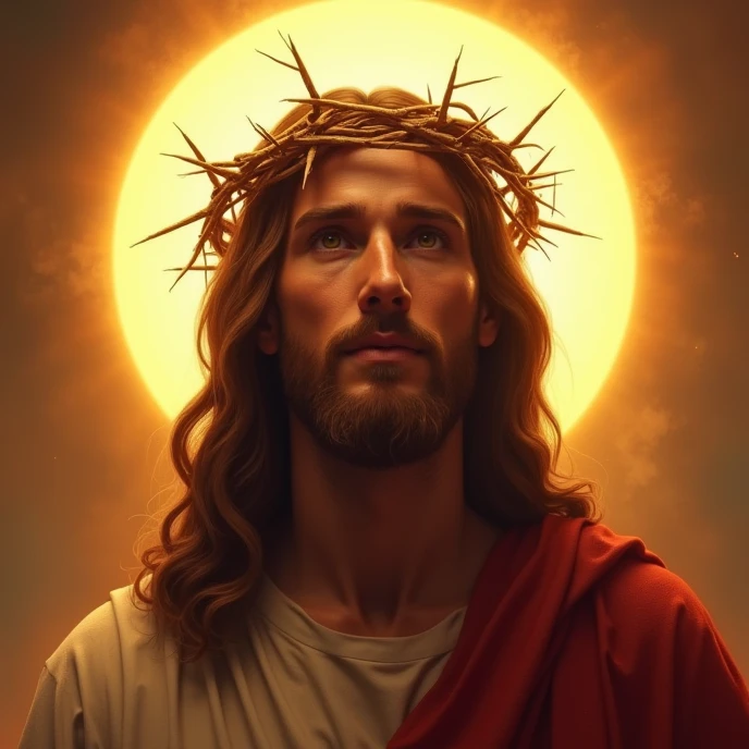 Ultra realistic Jesus in Full 4k with a crown of thorns on his head, JesusChrist, the lord and savior, portrait of JesusChrist, Jesus of Nazareth, brilliant light masterpiece, jesus, greg olsen, king of kings, beautiful image already created, Bright halo above your head, glorious light,!! Jesus facing the image, image that shows from head to chest without cropping.