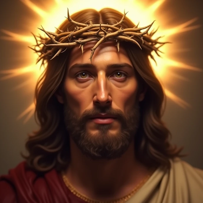 Ultra realistic Jesus in Full 4k with a crown of thorns on his head, JesusChrist, the lord and savior, portrait of JesusChrist, Jesus of Nazareth, brilliant light masterpiece, jesus, greg olsen, king of kings, beautiful image already created, Bright halo above your head, glorious light,!! Jesus facing the image, image that shows from head to chest without cropping.