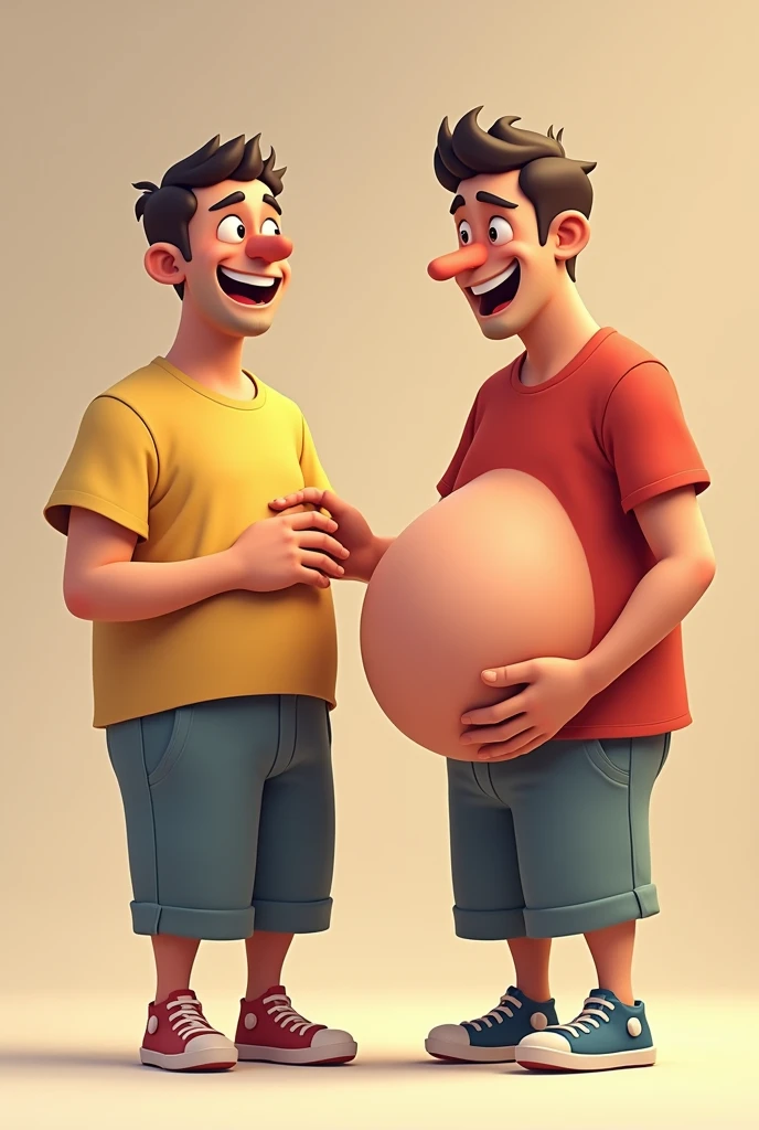 Brazilian Youtuber Tio Orochinho pregnant and Youtuber Lucas useless with his hand on his belly, they are both smiling