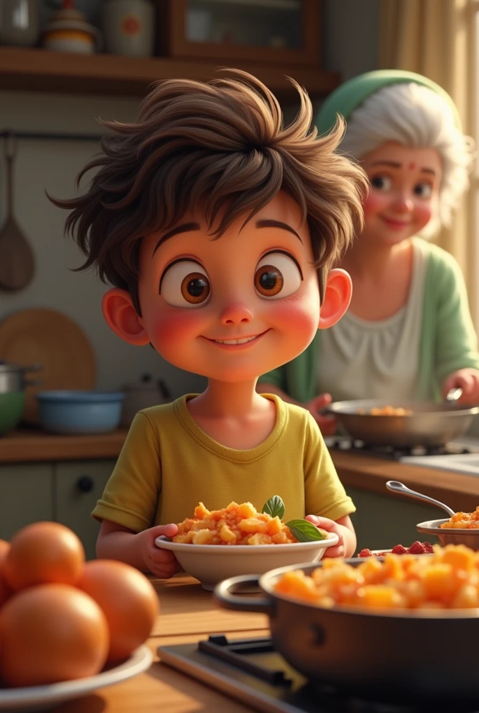 I need you to generate an image of a child for me, Mateo loved food. His grandmother cooked the most delicious dishes, and he enjoyed every bite. As I grew up, His weight did too, until it becomes a health problem. Doctors warned him about the consequences of his obesity, But Matthew found it difficult to change his habits..