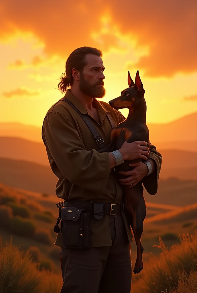 Man carrying a pinscher dog like the lion king