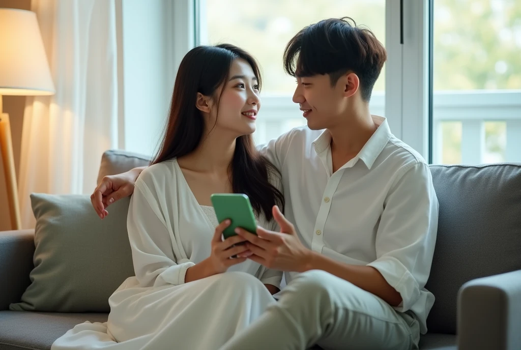 High Resolution, Masterpiece, Accurate, Best Quality, Detail, High Quality, realistic photo. A young 20 years old asian women, long dark hair, white skin, wearing a white long dress, height: 155 cm, weight: 45 kg. A 2 man, short hair, white skin, wearing a white blouse, height: 160 cm, weight: 55 kg. They are sitting on a gray couch in a living room. The man is holding a green phone in his hand and is looking at it with a smile on his face. The woman is sitting next to him with her legs crossed and is wearing a white blouse and blue skirt. They are both looking at each other and appear to be engaged in a conversation. The room has a large window with white curtains and a lamp on the left side of the image.
