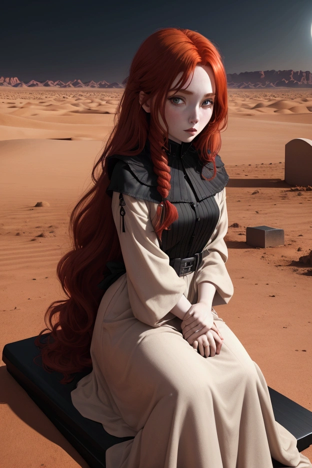 red-haired girl sits on a closed black coffin in the middle of the desert, there are tombstones all around, night, the moon is shining in the sky