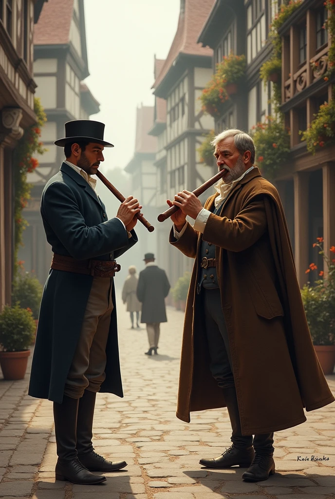 small moments, They approach a 2 man playing a flute in the city of Hamein in the year 1800
