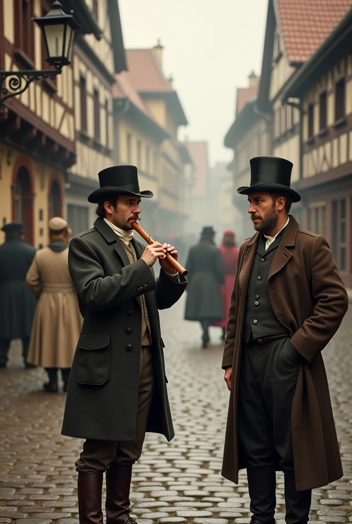 small moments, They approach a 2 man playing a flute in the city of Hamein in the year 1800
