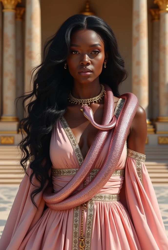 A realistic image of an African woman embodying African royalty. She has long, wavy hair cascading down her back, radiating elegance and grace. She is dressed in a light pink royal gown, richly decorated with intricate patterns that signify her noble status. A shimmering pink snake is gracefully wrapped around her body, with its iridescent scales catching the light. The snake's head rests gently on her shoulder, adding a mystical and powerful element to her regal appearance. The background features a luxurious palace, with grand columns and ornate detailing, emphasizing her royal surroundings. The scene conveys a sense of majesty, strength, and cultural depth, creating a captivating and realistic portrayal of African royalty