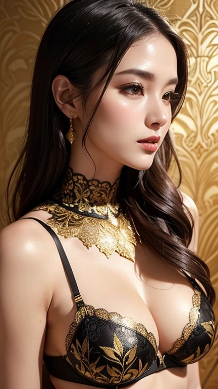 Luxury color style, hyperrealistic gold-white-black outlines of the intricate leaf patterns, embossing on lace bra (shiny), attractive woman perfect body , medium long shot, upper body, soft lighting , subtle golden luxurious room background, incredibly detail, elegance pose, looking at viewer