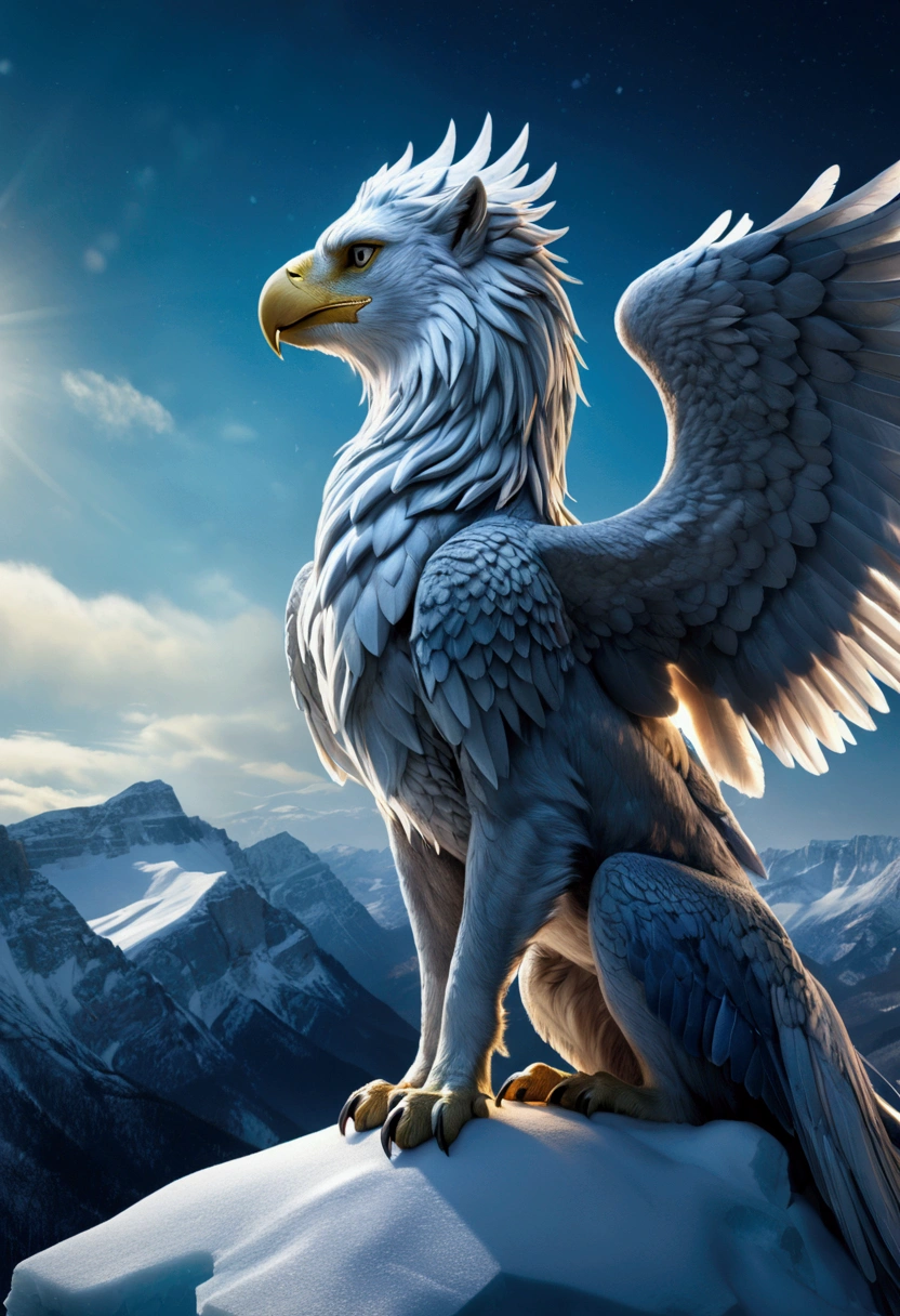 (Griffin), In a snow covered mountain range, the griffin is the king here, standing firm in the cold wind and demonstrating unparalleled strength. The colors are mainly white of ice and snow and deep blue of griffins, and the light and shadow are mainly mysterious auroras. The details are reflected in the crystallization of ice and snow and the resolute gaze of griffins. Beautiful cinematic lighting, surreal, color graded, dynamic movement, captivating chiaroscuro, full body, award-winning, cinematic still, emotional, vignette, dynamic, vivid, (masterpiece, best quality, photorealistic, Professional, perfect composition, very aesthetic, absurdres, ultra-detailed, intricate details:1.3)