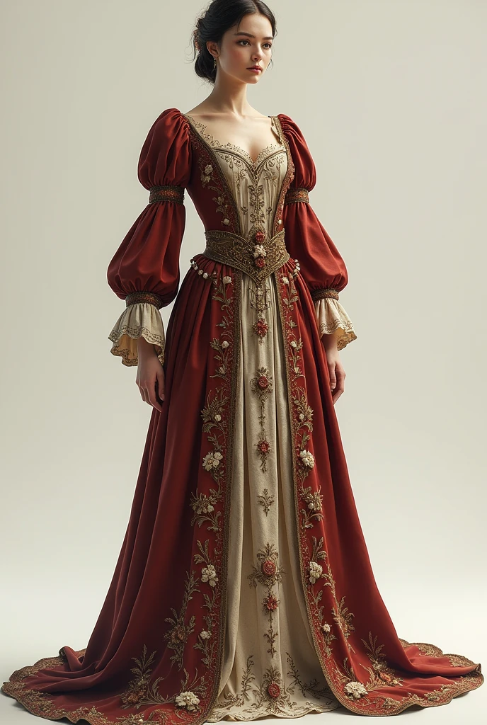 PICTURE REALISTIC, in high resolution, long robe, with an old design, with puffed sleeves, This should have light lines and a nice drape, with flowers and unique details, medieval style 