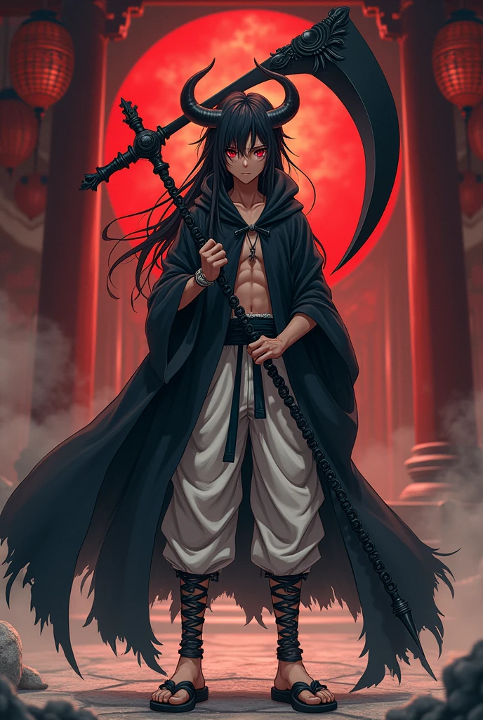 anime boy (dark fantasy) with black dreads, red  eyes, brown skin, black horns and a black cloak and white martial arts pants with black chains around him as he holds a black scythe(full body) behind a red and gold shrine